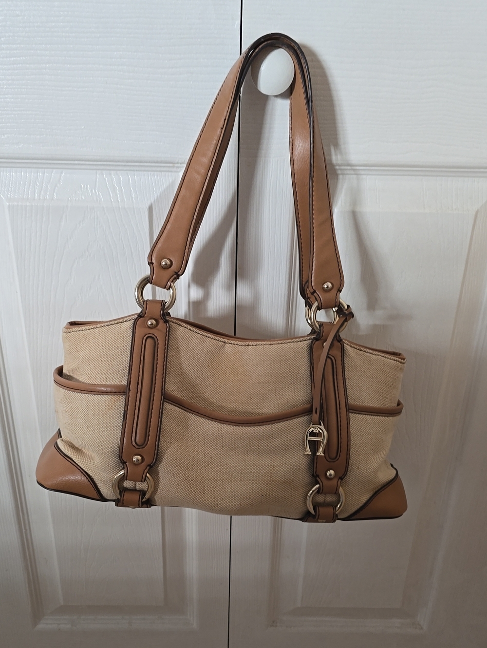 VINTAGE AIGNER Cloth and Tan Leather Bag